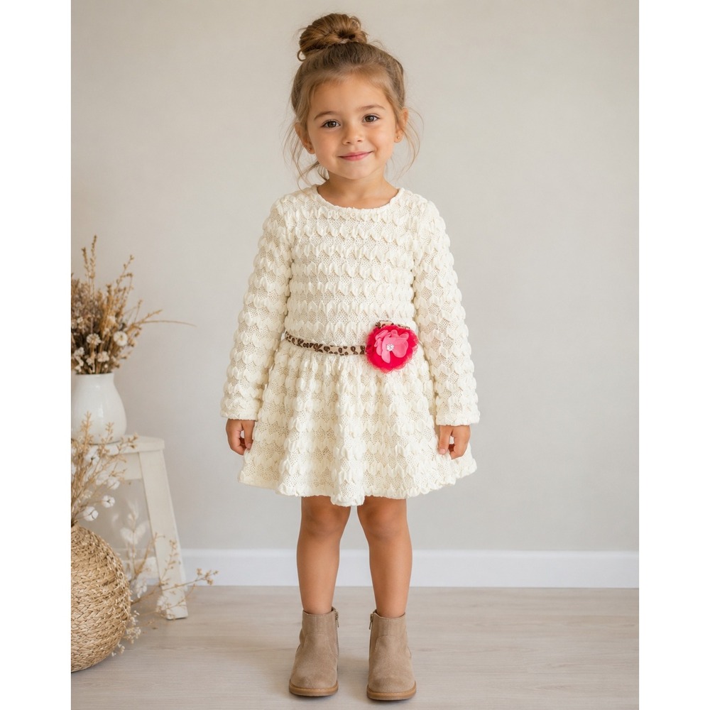 Nannette Baby Girls Ivory Popcorn Knit Long Sleeve Dress Pink Flower 4T